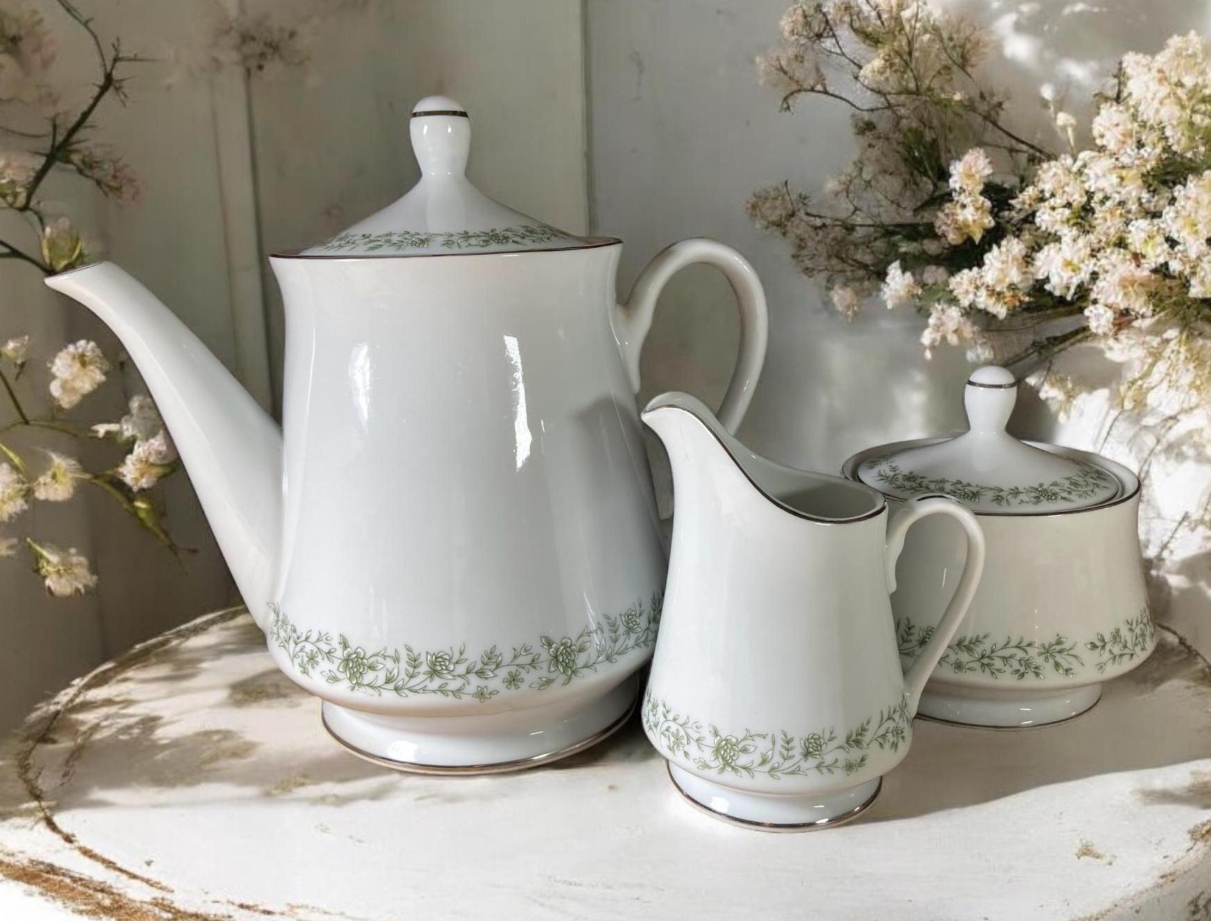 Mikasa Montclair Teapot & Sugar Creamer Set: Green Floral Platinum