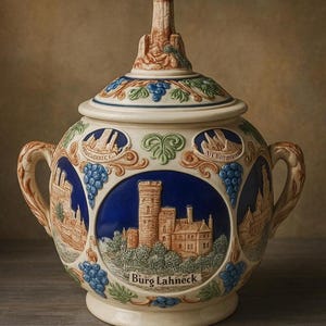 Vintage German Stoneware Punch Bowl – Castle Relief Soup Tureen, 4L