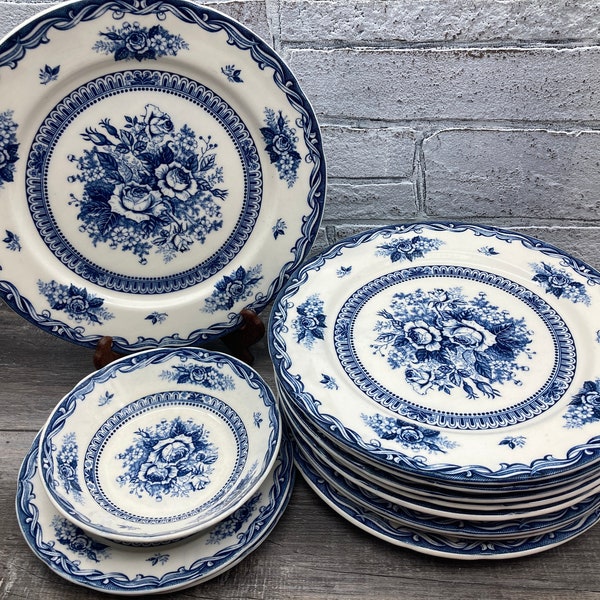 NASCO "Old Vienna" Hand Painted Earthenware Blue Transferware Rose Pattern ~Salad Plates W/Cereal Bowl OR One Dinner Plate~ stoneridgeattic
