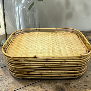 Vintage Bamboo Rattan Serving Tray / Woven Rectangle Tray~ Coastal Boho Tiki Bar Stackable 19” Trays
