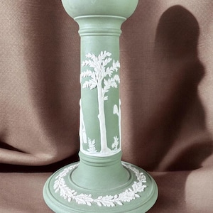 WEDGWOOD Celadon/ Sage Matte Green Jasperware Vintage Single Candlestick White Raised Neoclassical Relief Made in England stoneridgeattic