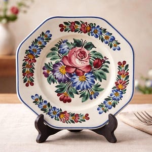 Vintage Czechoslovakia Hand Painted Floral Display Plate Folk Art Czech Pottery
