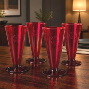 May include: A set of four translucent red glass tumblers with a flared conical shape and a circular pedestal base. Each glass features a small, circular embossed logo on the side. The glasses have a smooth, polished finish and a deep red hue.