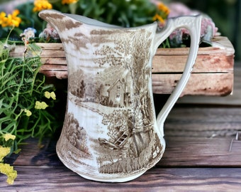 Alfred MEAKIN "TINTERN" Small Pitcher 16 Oz Creamer Brown Transferware Farm Scene Made in England Vintage Farmhouse Country Cottage Kitchen