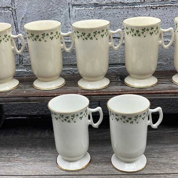 Shamrock Bone China Footed Mugs: Gold Rim, Made in Ireland, Royal Tara or Stuart