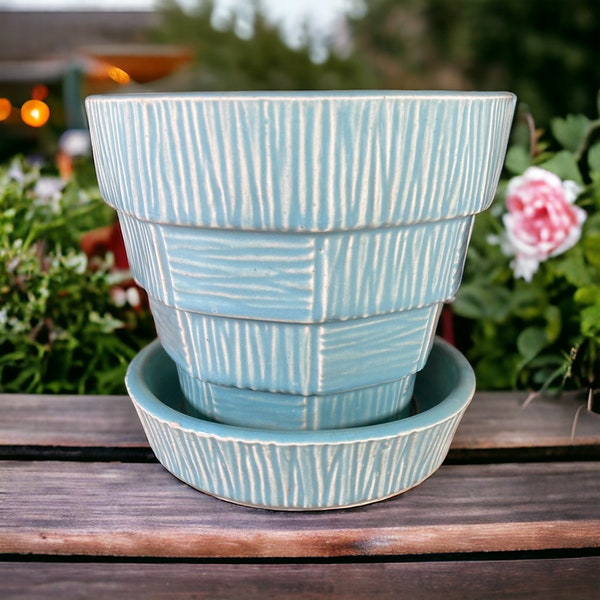 MCCOY Art Pottery Turquoise 5" Flower Pot W/Attached Saucer MCM Stepped Basket Weave Pattern Made in USA Highly Collectible stoneridgeattic