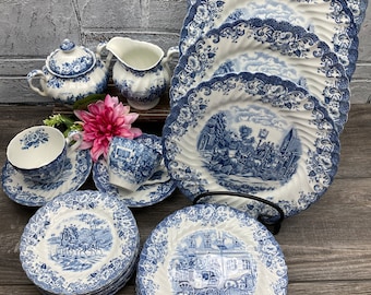 Johnson Brothers "Coaching Scenes" Blue Transferware Ironstone~Plates/Sugar & Creamer/Teacups ~Fluted Edges Scalloped Rim Made in England