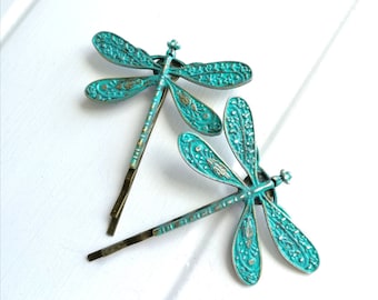 Verdigris/Turquoise Patina Antique Bronze Plated Set of 2 Dragonfly Bobby Pins/Dragonfly Hair Clips/Boho Hair Clips/Wedding Hair Accessories