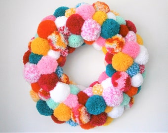 Large Multi Coloured Yarn Pom Pom Wreath/Party Decor/Christmas Wreath/Home Decor/Modern Wreath/Bohemian Home Decor/Colourful Wreath/Wreath