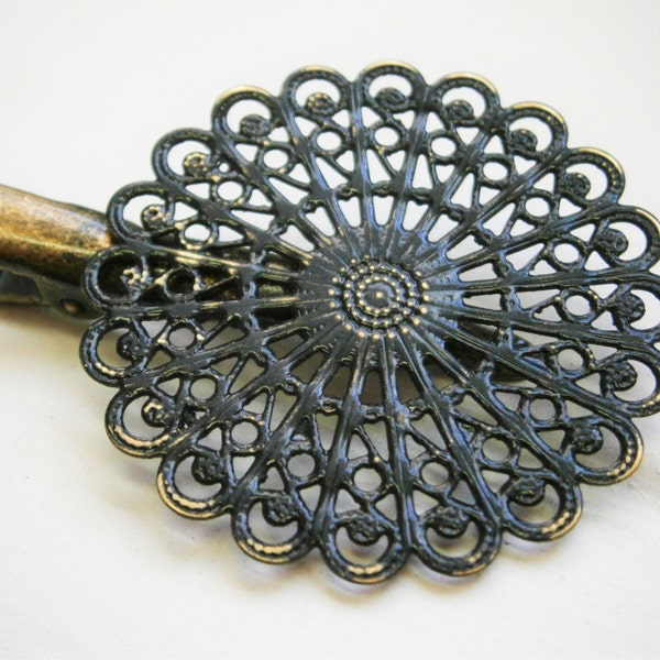 Black Hand Painted Patina Antique Bronze Round Filigree Shabby Chic Alligator Hair Clip/Boho Hair Clip/Rustic Hair Clip.