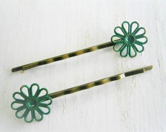 Forrest Green Daisy Filigree Patina Antique Bronze Bobby Pins Set of Two/Hair Clips/Bohemian Hair Clips/Shabby Chic Hair Clips/Bobby Pins