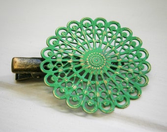Emerald Hand Painted Patina Antique Bronze Round Filigree Shabby Chic Alligator Hair Clip/Boho Hair Clip/Rustic Hair Clip.