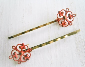 Red Filigree Patina Antique Bronze Bobby Pins Set of Two/Hair Clips/Bohemian Hair Clips/Shabby Chic Hair Clips/Bobby Pins