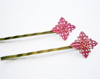 Hot Pink Filigree Patina Antique Bronze Bobby Pins Set of Two/Hair Clips/Bohemian Hair Clips/Shabby Chic Hair Clips/Bobby Pins/Vintage Style