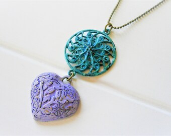 Verdigris/Turquoise Patina Round Filigree & Amethyst Embossed Patina Heart on Antique Bronze Ball Chain/Long Necklace/Patina Necklace