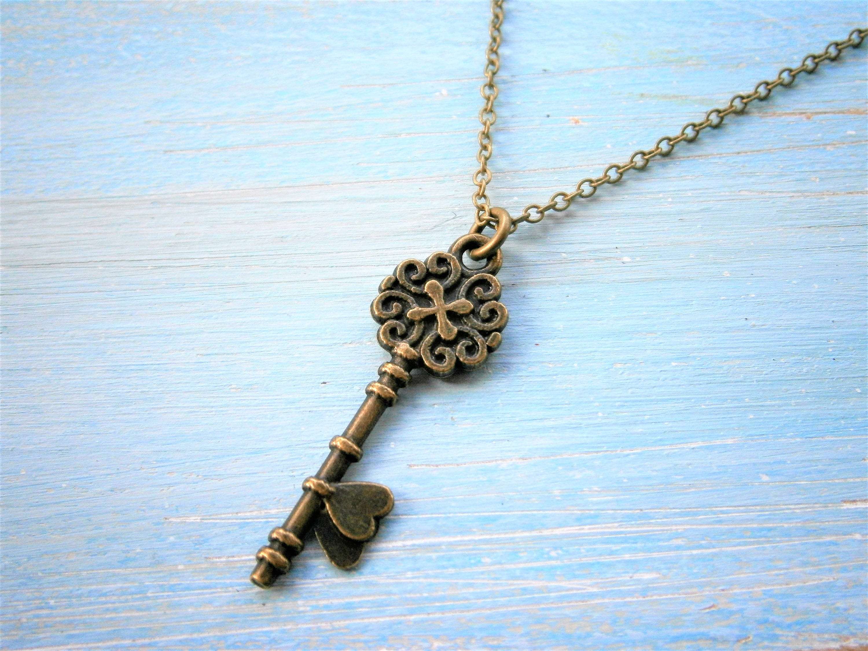 Antique Bronze Small Key Charm Necklace/Boho Necklace/Bridesmaids Gifts