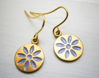 Purple Daisy Vintage Style Brass Disc Charm Pendant On Gilt Plated French Earring Hooks/Dangle Earrings/Daisy Earrings/Bridal/Boho Style