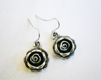 Antique Silver Rose Charm Pendant On Small Silver Plated Earring Hooks/Dangle Earrings/Rose Earrings.