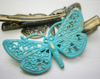 Verdigris/Turqouise Hand Painted Patina Antique Bronze Butterfly Filigree Shabby Chic Alligator Hair Clip/Boho Hair Clip/Rustic Hair Clip.