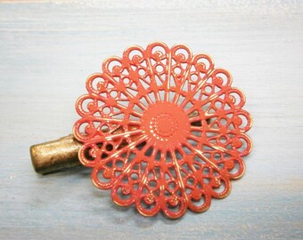 Red Hand Painted Patina Antique Bronze Round Filigree Shabby Chic Alligator Hair Clip/Boho Hair Clip/Rustic Hair Clip.