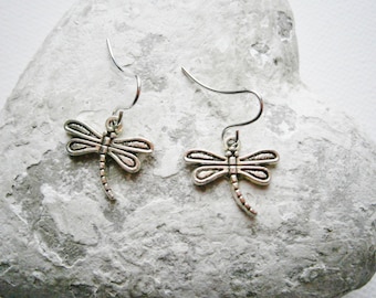 Antique Silver Dragonfly Charm Pendant On Small Silver Earring Hooks/Dangle Earrings/Dragonfly Earrings/Nature Earrings.