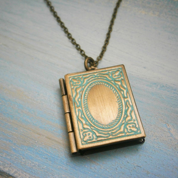 Vintage Style Detailed Antique Bronze Book Locket with Turquoise Patina Detail Necklace/Locket Necklace/Bridal Necklace/Book Locket Necklace