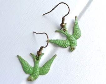 Green/Key Lime Green Patina'd Swallow Bird Charm On Antique Bronze Earwires/Boho Jewelry/Nature Inspired/Woodland Jewelry/Patina Jewelry