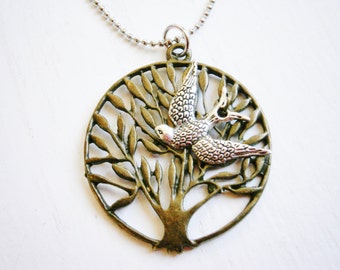 Antique Bronze Filigree Tree of Life Necklace with Antique Silver Swallow Bird Charm on Antique Silver Ball Chain/Woodland Necklace/Nature.