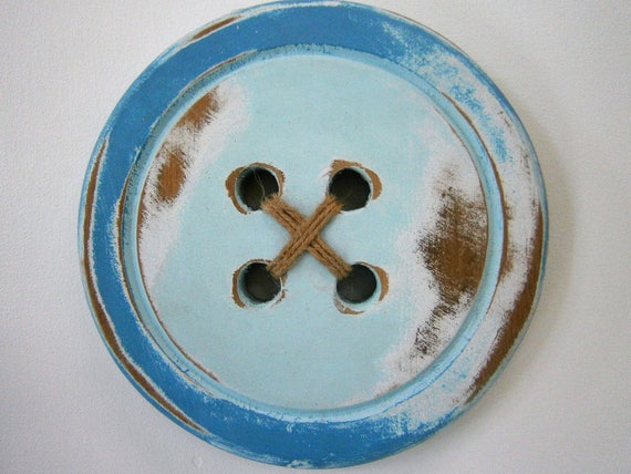Wood Button Wall Art Two Tone Blue Painted Large Button With Etsy