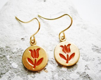 Vintage Style Red Tulip Brass Disc Charm Pendant On Gilt Plated French Earring Hooks/Red Flower Earrings/Dangle Earrings.