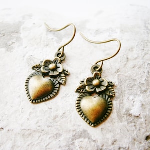 Small Antique Bronze Victorian Style Flower Heart Charm On Antique Bronze French Earring Hooks/Dangle Earrings. image 1