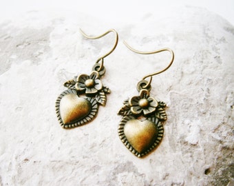 Small Antique Bronze Victorian Style Flower Heart Charm On Antique Bronze French Earring Hooks/Dangle Earrings.