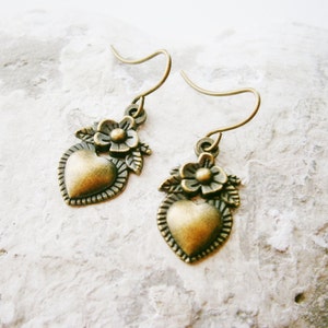 Small Antique Bronze Victorian Style Flower Heart Charm On Antique Bronze French Earring Hooks/Dangle Earrings. image 2