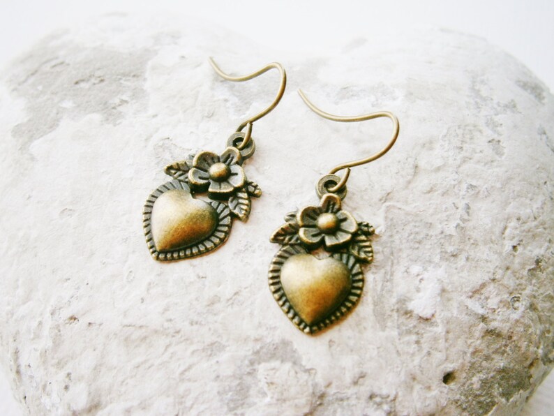 Small Antique Bronze Victorian Style Flower Heart Charm On Antique Bronze French Earring Hooks/Dangle Earrings. image 2