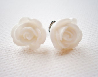 White 13mm Resin Rose Flowers set on Stainless Steel Hypo Allergenic Earring Posts/Stud Earrings.