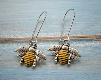 Antique Silver Bumble Bee with Yellow Patina Tummy on Stainless Steel Kidney Wire Earring Hooks/Dangle Earring/Boho Jewelry/Woodland Jewelry