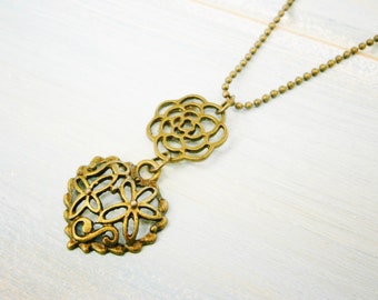 Antique Bronze Necklace with Filigree Flower and Heart//Antique Bronze Filigree Necklace/Boho Necklace