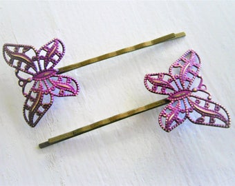 Purple Patina Filigree Butterfly Antique Bronze Bobby Pins Set of 2/Bohemian Hair Clips/Shabby Chic Hair Clips/Rustic Wedding
