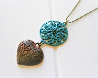 Blue Patina Round Filigree and Red Embossed Patina Heart on Antique Bronze Ball Chain/Boho Necklace/Long Necklace/Patina Necklace/Necklace