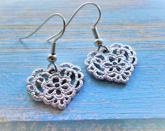 Rhodium Plated Filigree Floral Lace Heart Pendant on Rhodium Plated Spring Ball French Earring Hooks/Dangle Earrings/Heart Earrings
