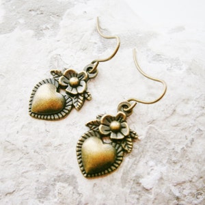 Small Antique Bronze Victorian Style Flower Heart Charm On Antique Bronze French Earring Hooks/Dangle Earrings. image 3