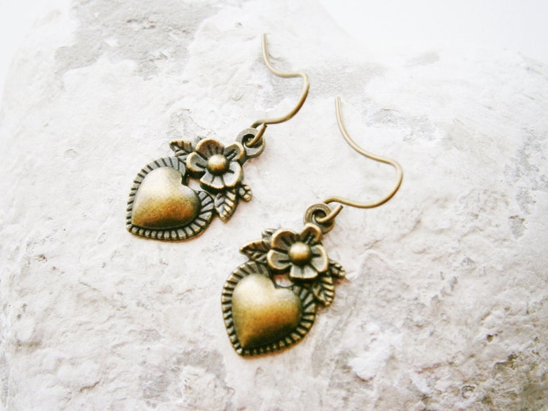 Small Antique Bronze Victorian Style Flower Heart Charm On Antique Bronze French Earring Hooks/Dangle Earrings. image 3