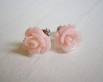 Pale Pink 10mm Resin Rose set on Stainless Steel Earring Posts/Stud Earrings/Pink Rose Earrings/Flower Earrings/Floral Jewelry/Boho Earrings