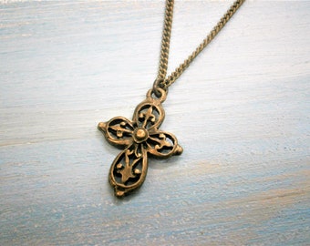 Filigree Cross Necklace/Antique Bronze Cross Filigree Necklace/Layering Necklace/Boho Necklace/Vintage Inspired Jewelry/Steampunk Jewelry