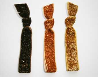 Set of 3 Glitter Hair Tie Package by Crimson Rose Cottage - Brown, Orange and Gold Glitter Hair Ties that Double as Bracelets