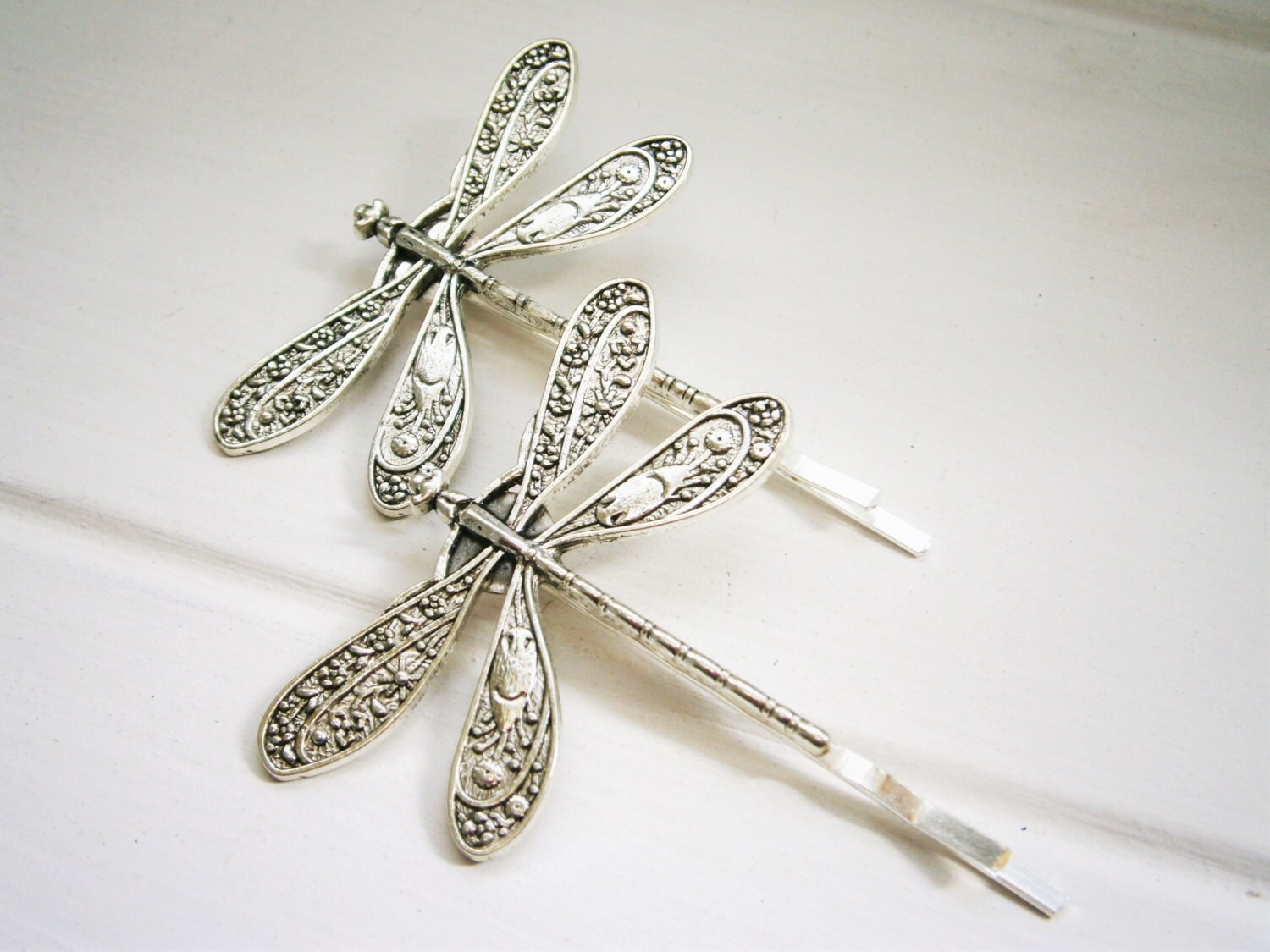 Antique Silver Plated Set of 2 Dragonfly Bobby Pins, Dragonfly Hair