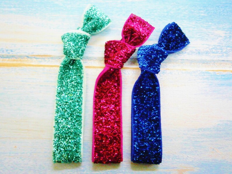 Set of 3 Glitter Hair Tie Package by Crimson Rose Cottage Turquoise, Dark Pink and Royal Blue Glitter Hair Ties that Double as Bracelets image 2