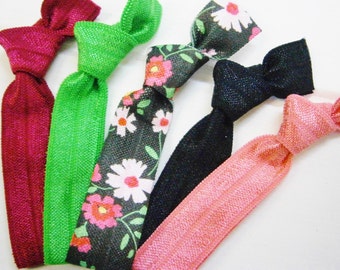Midnight Floral - Set of 5 Solid Color and Patterned Hair Ties by Crimson Rose Cottage/Boho Elastic Hair Tie/Boho Soft Bracelet/Hair Tie