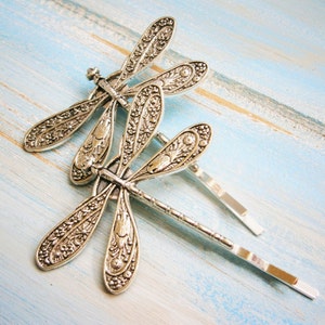 One Antique Silver Plated Dragonfly Bobby Pin, Dragonfly