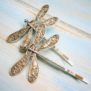 Antique Silver Plated Set of 2 Dragonfly Bobby Pins, Dragonfly Hair Clips, Boho Hair Clips, Boho Hair Accessories, Wedding Hair Accessories